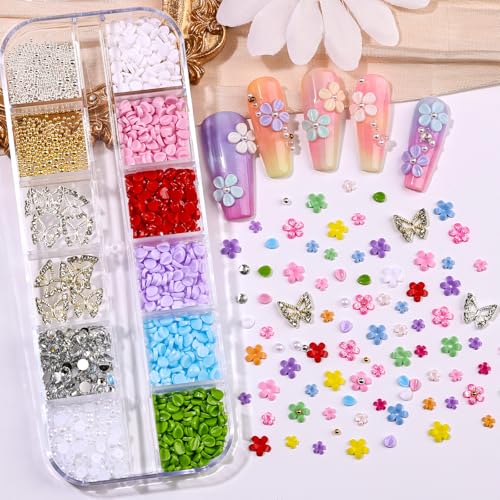 3D Flower Nail Charms Set with Tweezers, Acrylic Blossom Petals & Pearls