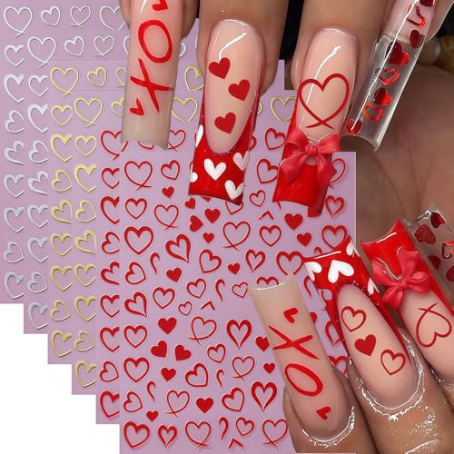 Heart Nail Art Stickers - 6 Sheets Self-Adhesive Valentine Decals