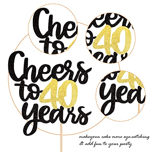 Cheers to 40 Years Cake Topper - Black & Gold Glitter Decoration