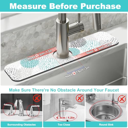 Findosom Dish Drying Mat and Sink Splash Guard Set - 12" x 20", Teal Floral