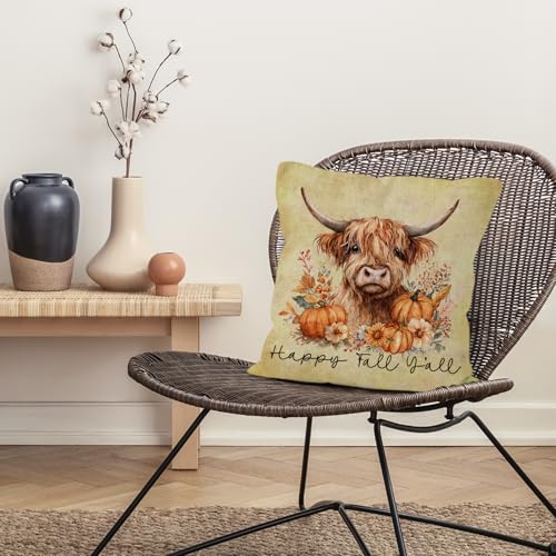 Vintage Fall Cow Throw Pillow Cover 18x18 - Rustic Farmhouse Design
