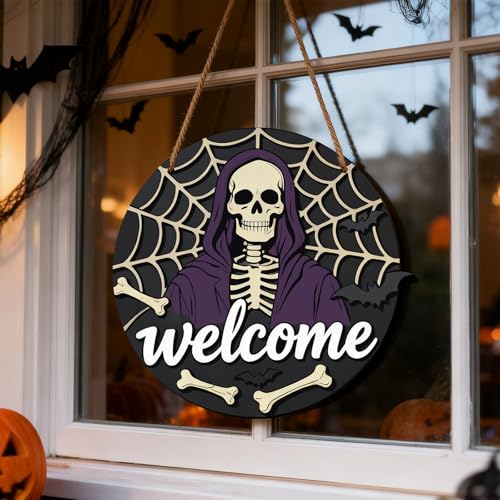 EoffIvan Halloween Wooden Door Sign Skull Hanging Decor for Front Door