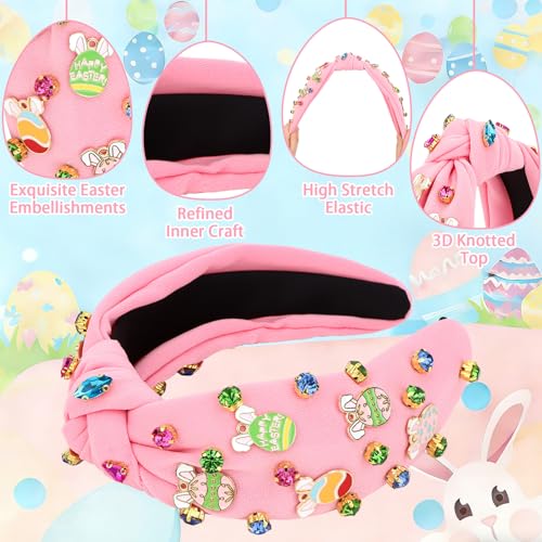 Esitrormi Easter Rhinestone Bunny Knotted Headband Pink Hair Accessory