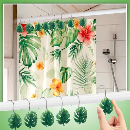 Tropical Leaf Shower Curtain Hooks - 12 Pcs Hawaiian Style Green