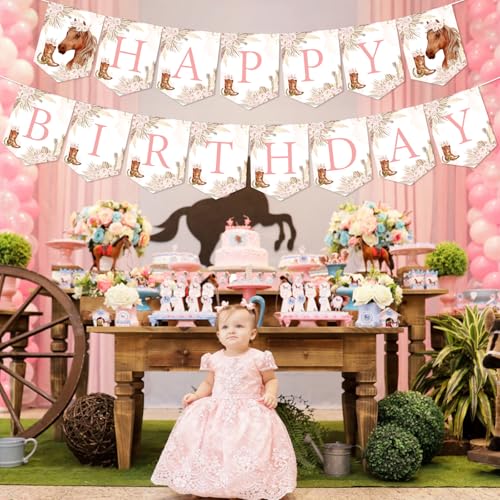 Boho Horse Happy Birthday Banner - Pink Western Cowgirl Party Supplies