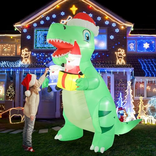 Inflatable Christmas Dinosaur with Santa Claus - 8 FT Outdoor Holiday Decor