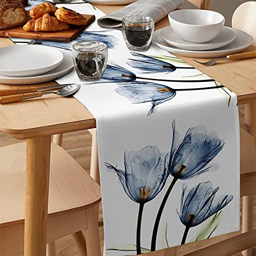 Tulip Blue Floral Table Runner 13x72 Inch Linen Blend for Spring Summer Decor - Variation of THIS listing