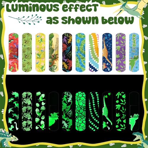 100 Pcs Glow in The Dark Bandages, Cute Breathable Waterproof Neon Adhesive Wraps with Dinosaur Designs for Cuts, Scrapes, and Wounds