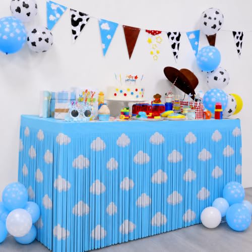 Blue Sky White Cloud Tinsel Table Skirts - 2 Pack Metallic Foil Party Decor