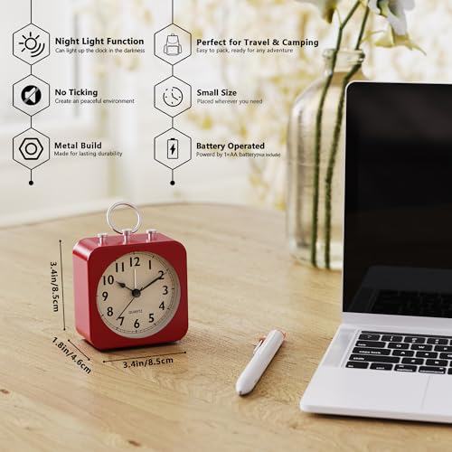 AYRELY Small Metal Alarm Clock - Red Square Bedside Table Clock