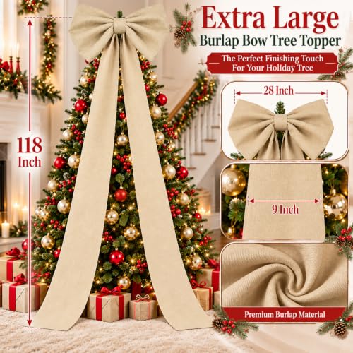 Beige Extra Large Burlap Bow Tree Topper 118x28 Inch Christmas Decor