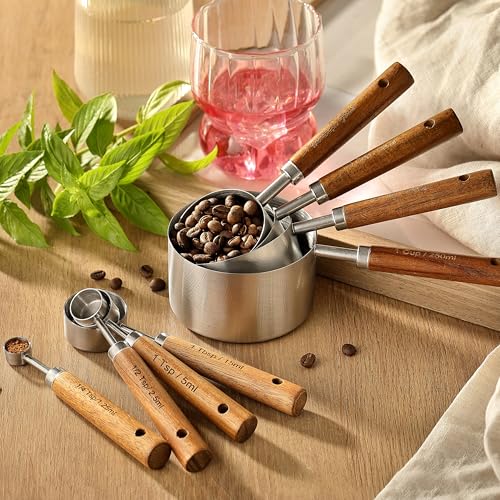 8-Piece Stainless Steel Measuring Cups and Spoons Set with Wood Handles