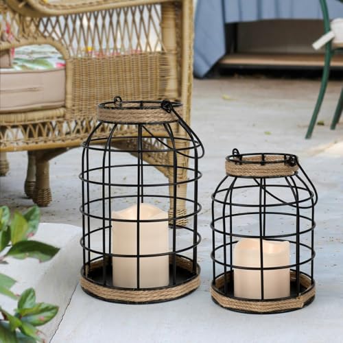 Black Rustic Farmhouse Lantern Set of 2 with LED Candles - Indoor Outdoor Decor