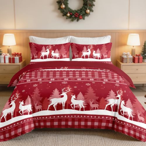 Luxudecor Christmas Bedding Set King Size Reindeer Red Duvet Cover & Pillow Shams