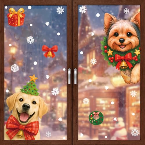 Christmas Window Clings Stickers - Dogs, Snowflakes, Xmas Tree Decorations - 9 Sheets Reusable Static Decals