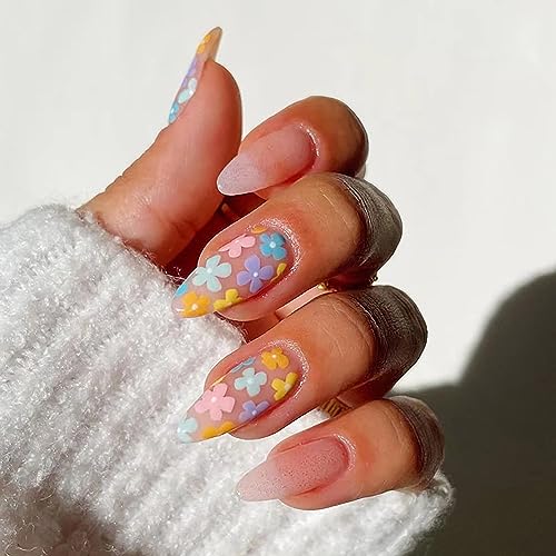 Vezocim Floral Press On Nails Oval Glossy Nude Fake Nails Acrylic Set