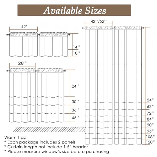 Short White Sheer Curtains 24" Length, 2 Panels with Jacquard Design