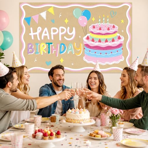 Happy Birthday Kraft Paper Banner - Colorful Cake Backdrop 39x25"