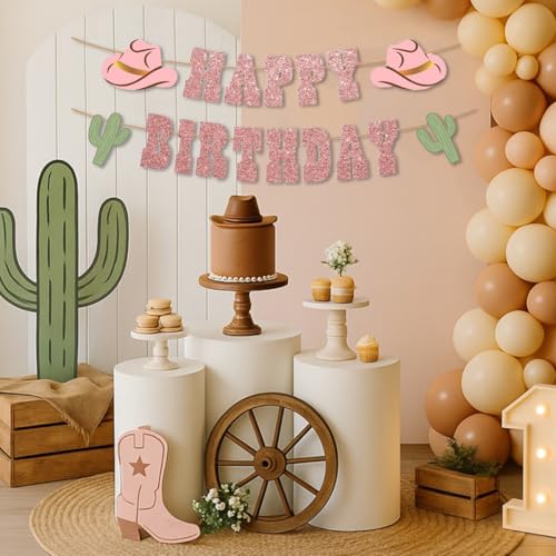 Western Cowboy Birthday Banner with Pink Glitter & Cactus