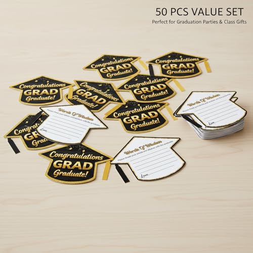 2026 Graduation Advice Cards - 50 Black & Gold Cap-Shaped Keepsakes