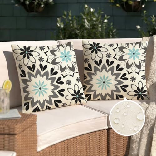 Waterproof 18x18 Inch Outdoor Pillow Covers Set of 2 - Black & Gray Floral
