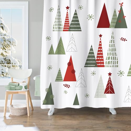 Sunlit Geometric Christmas Tree Shower Curtain, 71x71 Inch Red/Green Xmas Bath
