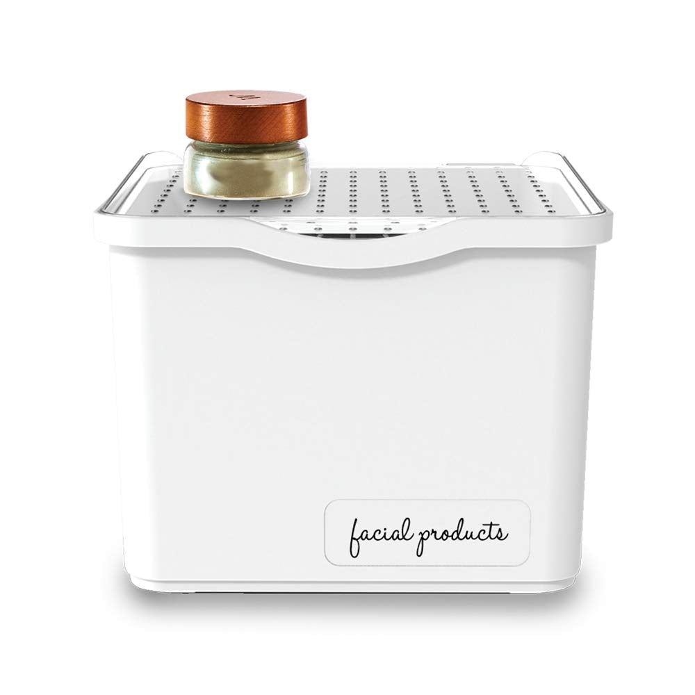 madesmart Small Stacking Lid Bin, Clear-Lid Organizer for Makeup, Cotton Balls, Hair Accessories & Bathroom Essentials, Stackable Storage Bin, White