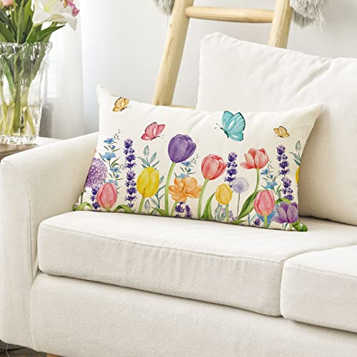 Spring Flowers Tulip Eucalyptus Butterfly Throw Pillow Cover - 12x20
