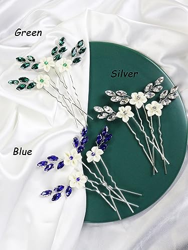 Brihasory Green White Flower Bridal Hair Pins 3PCS Rhinestone Hair Clips