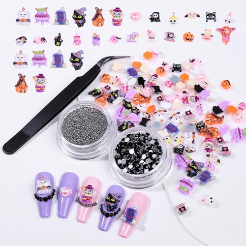 Halloween 3D Resin Nail Charms Kit with Rhinestones and Tweezers