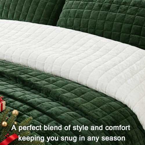 Oversize King Velvet Quilt Set 120x128 Inches - Green Bedspread with Matching Shams