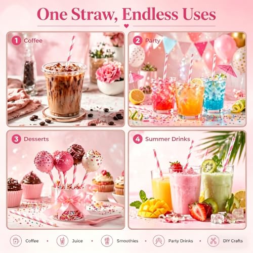 Haundry Pink Striped Paper Straws - 100 Count Biodegradable Party Straws