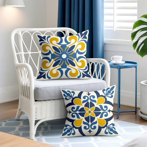 Blue Mediterranean Floral Throw Pillow Covers Set of 4 - 16"x16" (Boho-03)