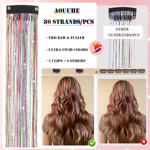Aouuhe Clip-in Hair Tinsel Kit - 18 Pcs 20.5 Inch Glitter Hair Extensions