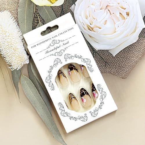 Floral Press on Almond Nails Glossy Medium False Nails with Charms