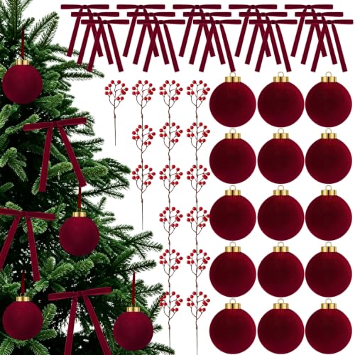 Burgundy Christmas Velvet Ornament Set with Balls Bows & Berries - 51 Pieces