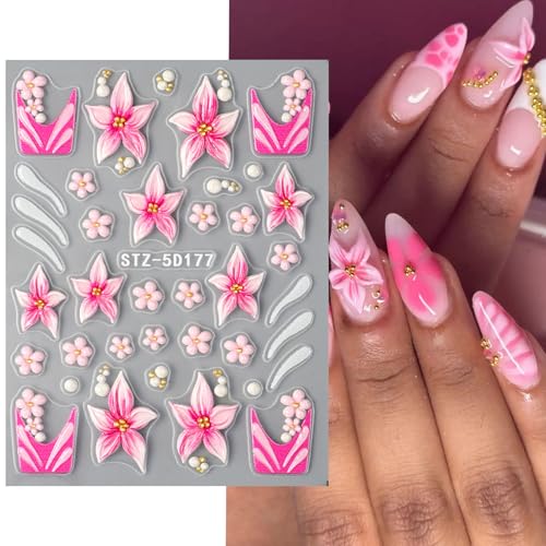 5D Embossed Flower Nail Stickers - 3 Sheets Blue & Pink Spring Floral Decals