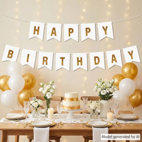 Elegant White Gold Happy Birthday Banner - Reusable Party Decor