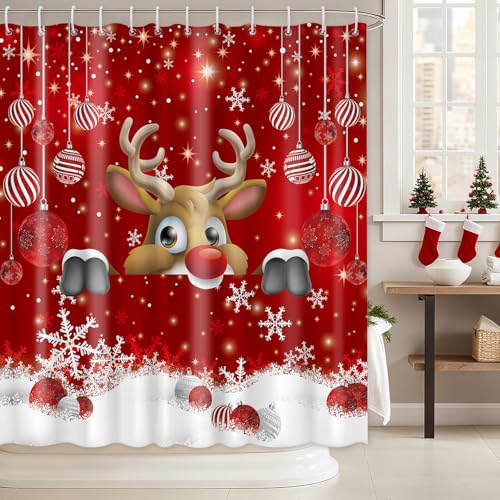 OTOSTAR Christmas Shower Curtain 72" Red Deer Design with Hooks
