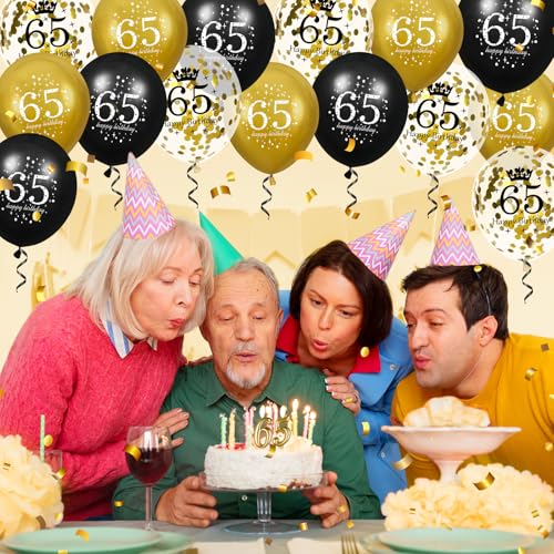 65th Birthday Balloons Set - 15Pcs Black and Gold Latex Decorations