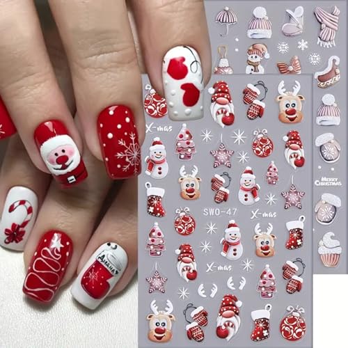 FRUZJAY 5D Embossed Christmas Nail Art Stickers Winter Decals 2 Sheets
