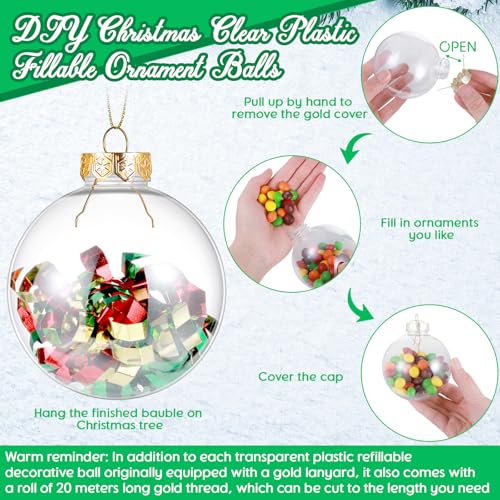 50 Pcs 3.15 Inch Clear Refillable Christmas Plastic Ornaments Rainbow Ball with Lid & Rope
