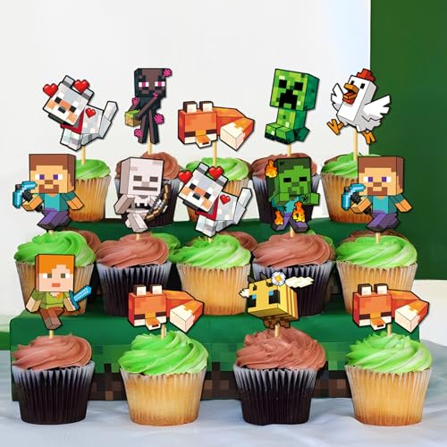 21-Piece Pixel Gaming Cake Decoration Set with Happy Birthday Topper