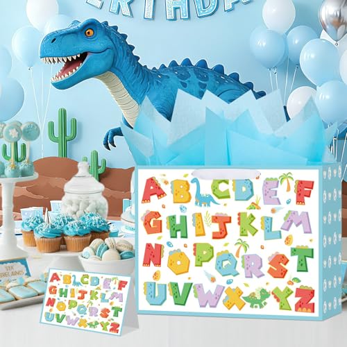Large Baby Boy Dinosaur Gift Bag with Tissue Paper and Greeting Card
