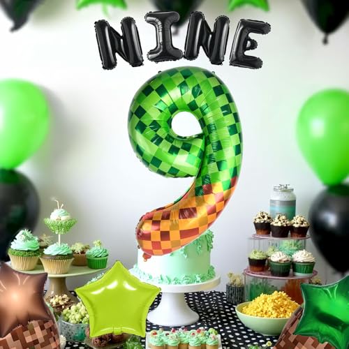40" Green Pixel Miner Number 8 Balloon Set - 11Pcs Gaming Party Decor