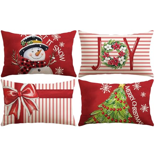 Soleebee 4-Pack Merry Christmas Linen Throw Pillow Covers, 16x24 Inch