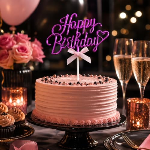 Purple Acrylic Happy Birthday Cake Topper with Heart & Bow
