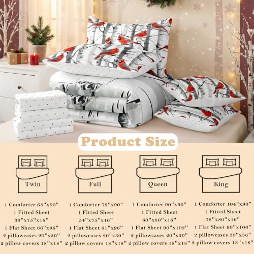 Christmas Cardinal Comforter Set Queen Size White Orange 7pcs Bedding