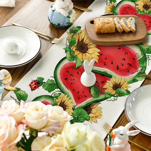 Summer Floral Table Runner Watermelon Sunflower 13x72 Linen