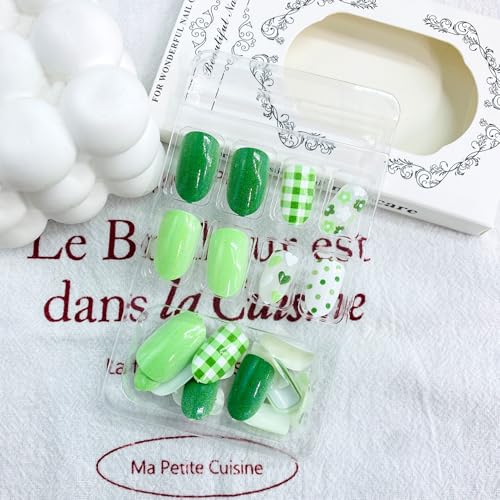 Green Floral Press on Nails Medium Almond False Nails with Polka Dot